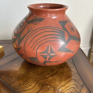 VTG Mata Ortiz Pottery Olla Vase Lizards Geometric‎ Orange Black Signed 8" x 7"